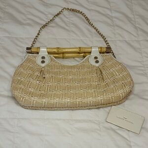 Elaine Turner Cream Woven Shoulder Bag with Bamboo Handle Accent